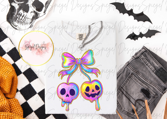 Iridescent Bow - Cherry Skull & Pumpkin